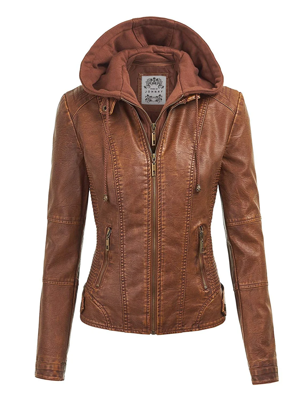 Faux Leather Motorcycle Jacket with Hoodie for women