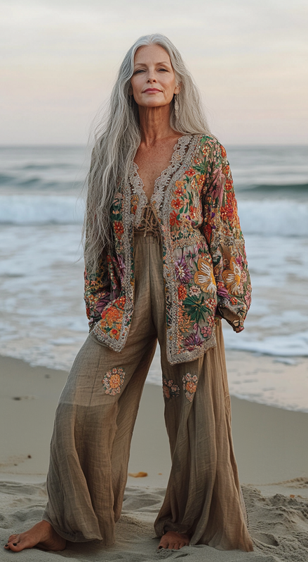 Vacation seaside elegant embroidery top + pant two piece set e5e1