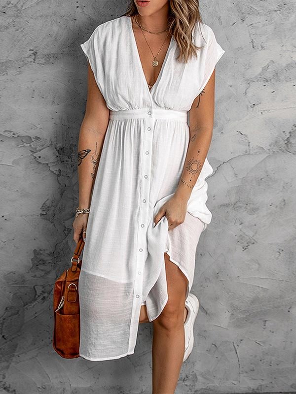 V-Neck 1/2 Button-Closure Midi Dress