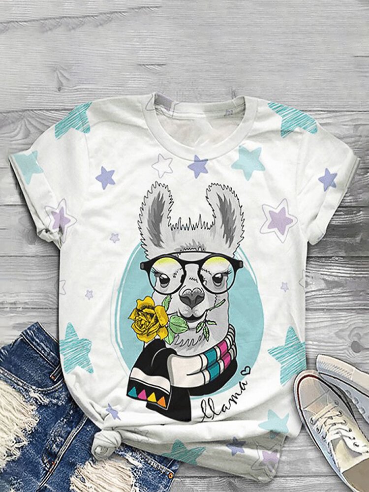 Cartoon Stars Print Short Sleeve O neck Casual T Shirt For Women P1797642