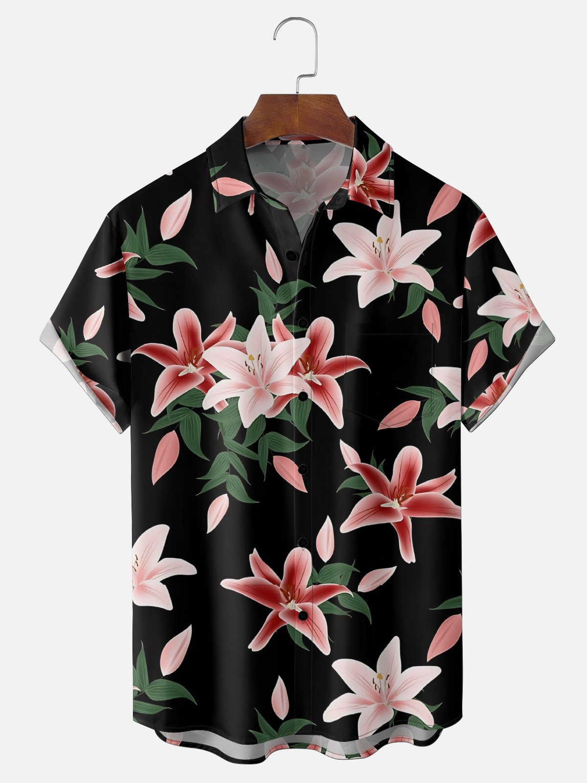Moisture-wicking Lily Floral Chest Pocket Hawaiian Shirt PLUSCLOTHESMAN