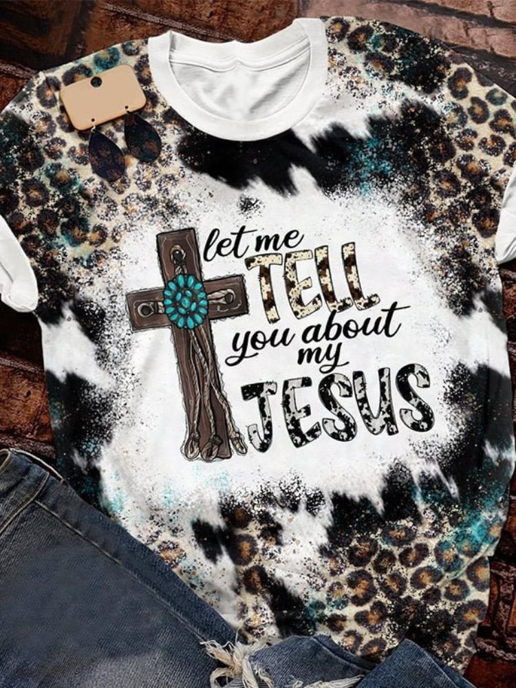 Vefave Western Faith Cross Leopard Print Loose T Shirt