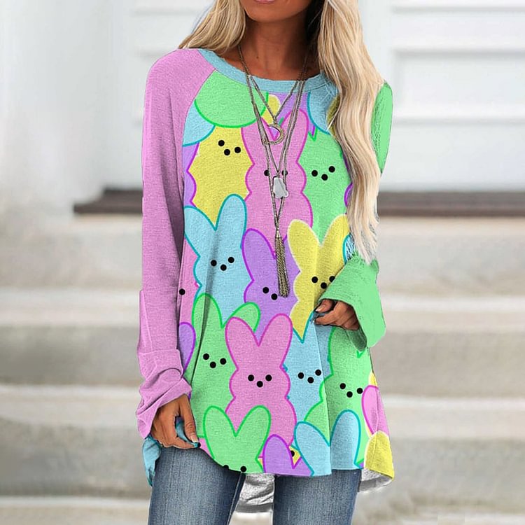 Comstylish Easter Bunny Print Long Sleeve Casual Tunic