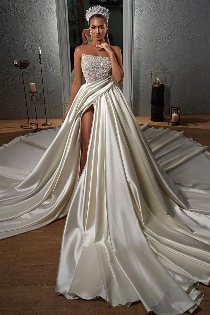 Dresseswow Sleeveless Pearls Long Wedding Dress Slit Sheer Top