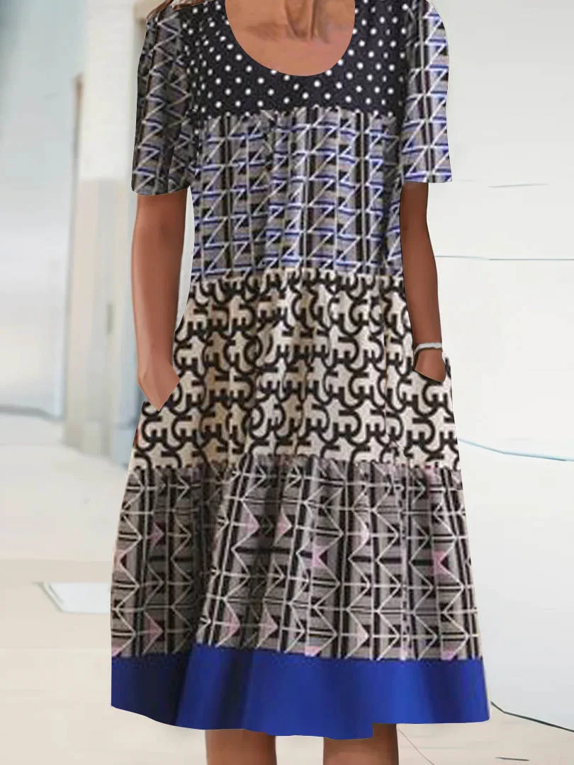 Women Short Sleeve Scoop Neck Geometric Printed Pockets Midi Dress