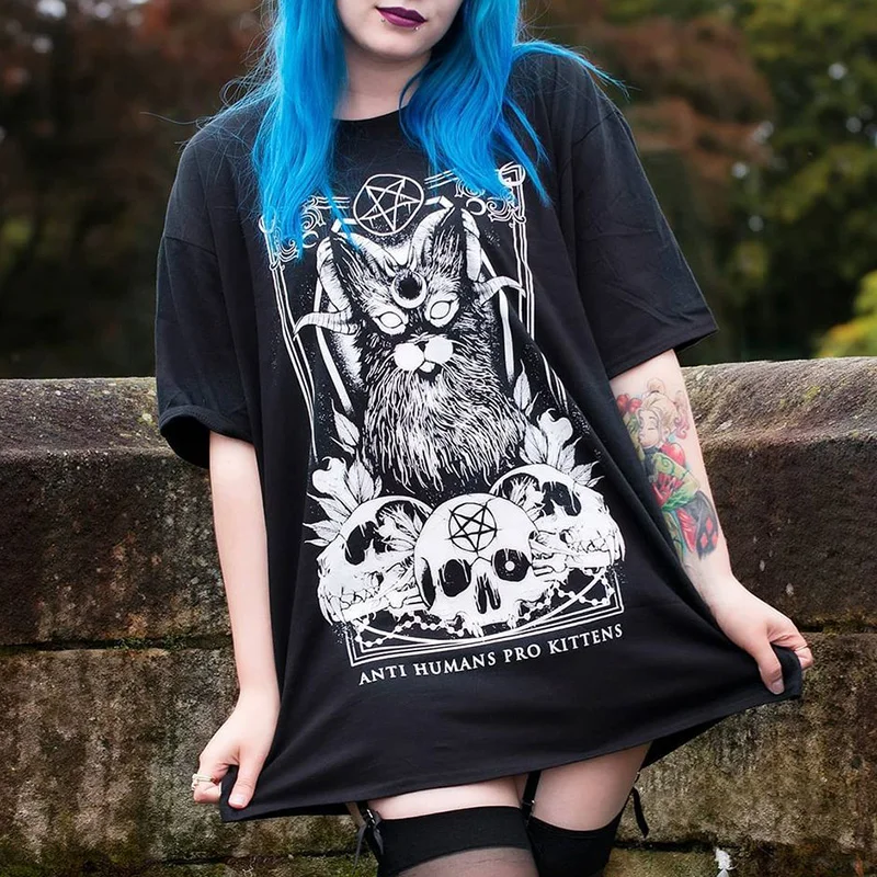 Anti Humans Pro Kittens Skull Printed Women's T-shirt -  
