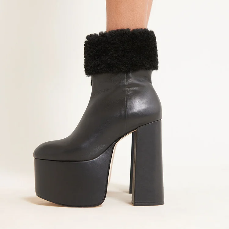 Black Chunky High Heel Shoes Women's Platform Fleece Ankle Boots |FSJ Shoes