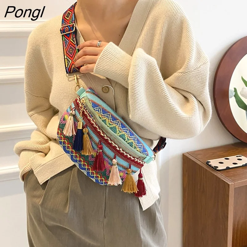 Pongl Women Ethnic Style Wallets with Adjustable Strap Variegated Color Fanny Pack with Fringe Decor Crossbody Chest Bags Waist Bag