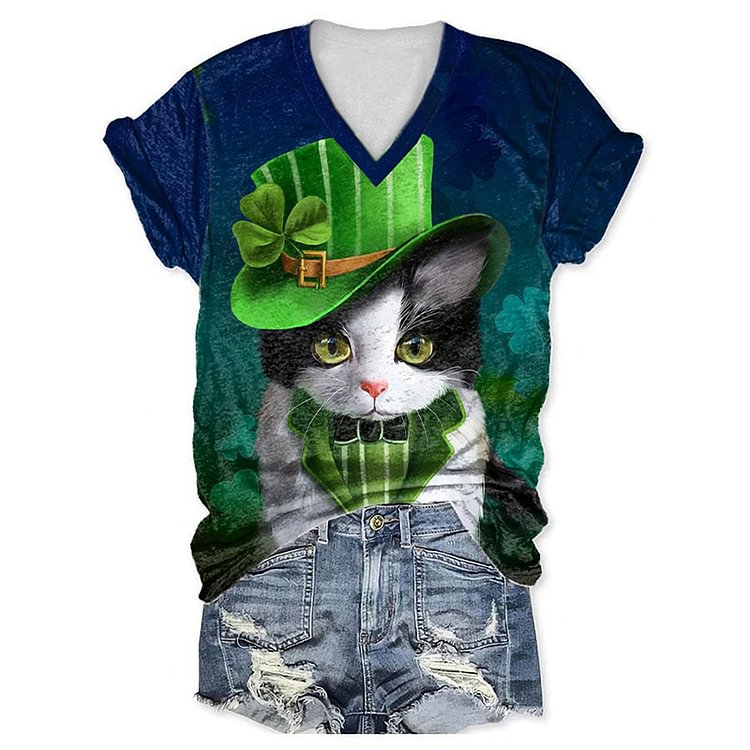 Comstylish Women's Cat Green Hat Clover Print V-Neck Short Sleeve T-Shirt