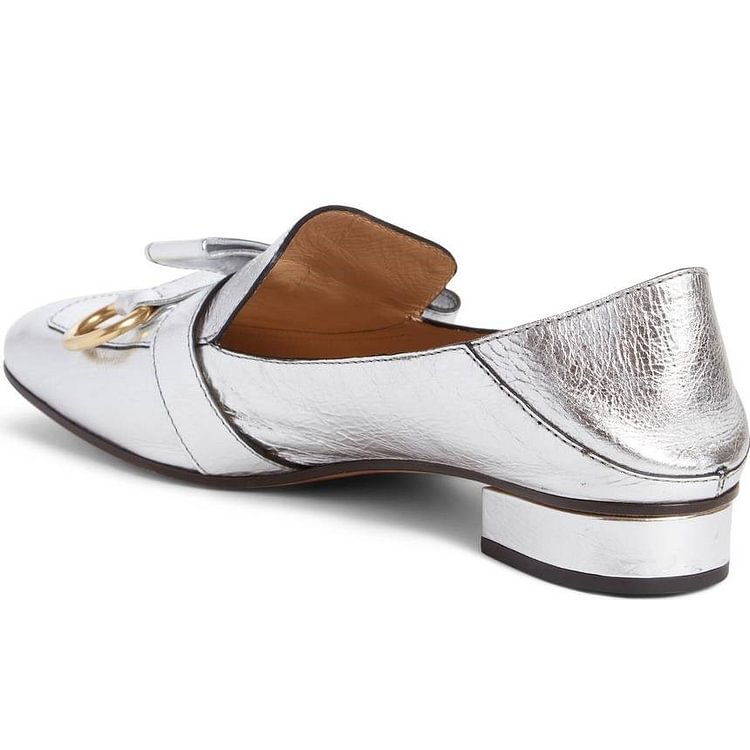 Silver Square Toe Loafers for Women Comfortable Flats with Bow |FSJ Shoes