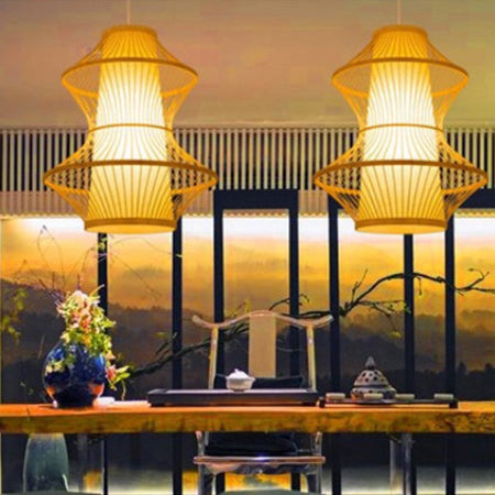 Traditional Vintage Cylindrical Cone Natural Bamboo Faux Sheepskin 1-Light Pendant Light For Living Room