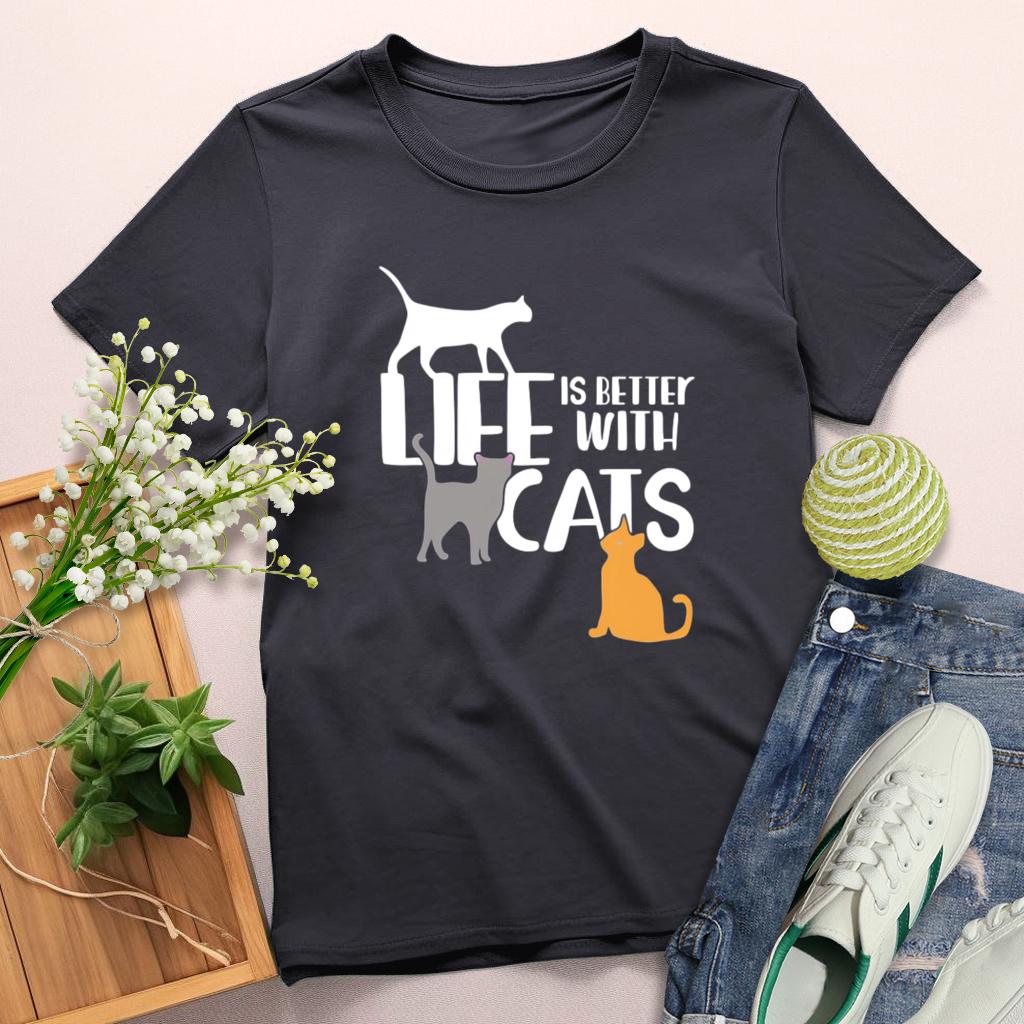 Life Is Better Cats Round Neck T-shirt-0025167-Guru-buzz
