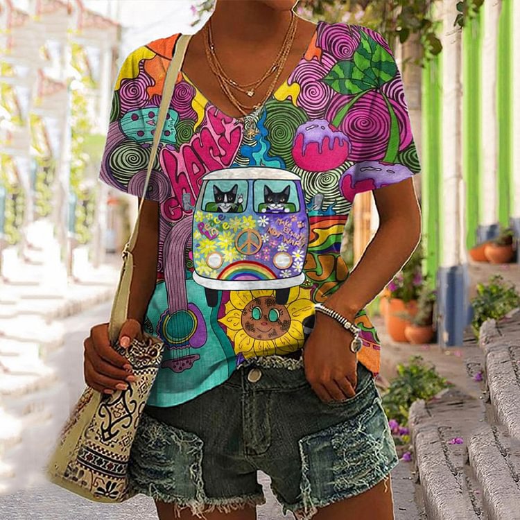 Hippie Peace Bus Pet Print V-Neck Short Sleeve T-Shirt