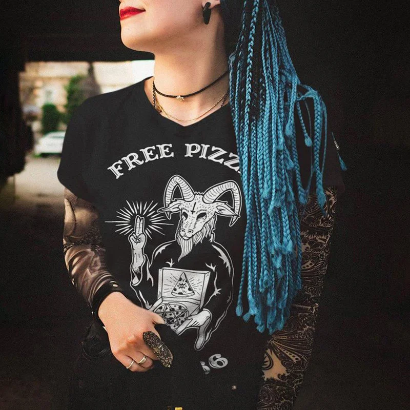Free Pizza Goat Skull Printed Women's T-shirt -  