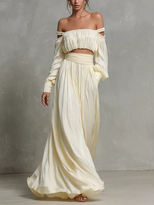 Women's Elegant Beige Chiffon Off-shoulder Long-sleeve Top And Skirt Set MD