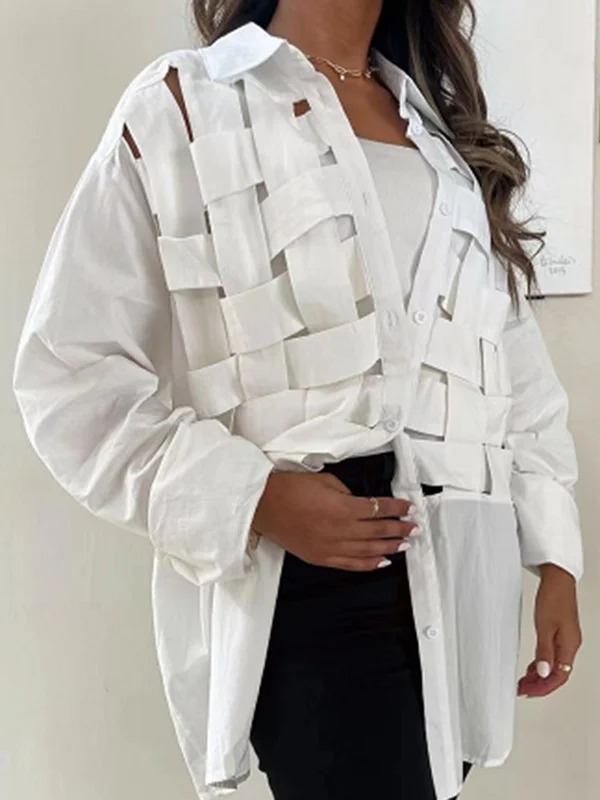 Stylish Long Sleeves Weave Hollow Pure Color Lapel Blouses Top