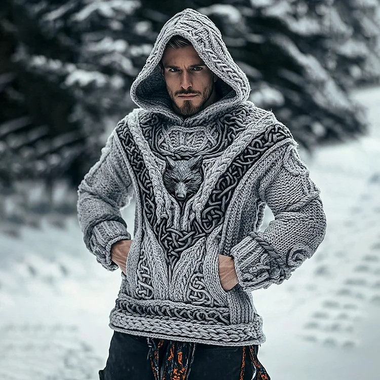 Men's Viking Tribal Wolf Inspired Chunky Knit Pocket Hooded Sweater