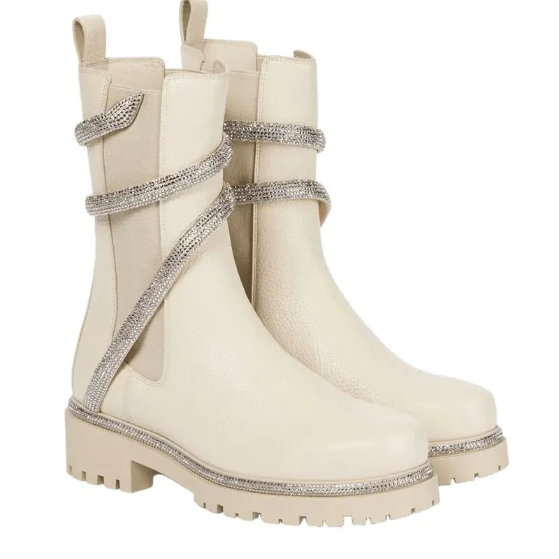 VCSHOES Bling Crystal Snake Like Strap Ankle Boots Round Toe Boots Black Beige Knight Boots For Woman