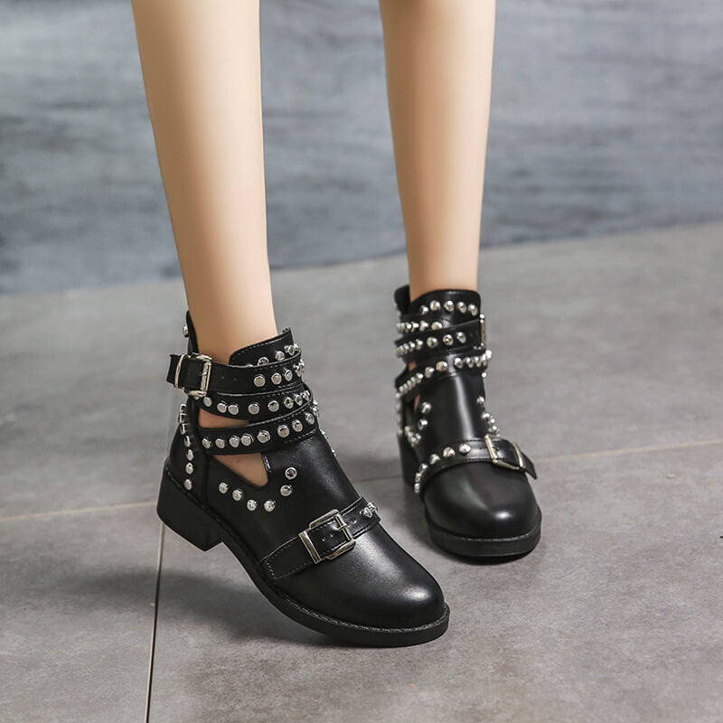 VCSHOES Black Leather Rivet Martin Ankle Boots