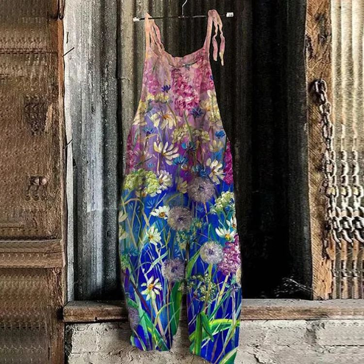 Art Flower Oil Painting Casual Strap Jumpsuit