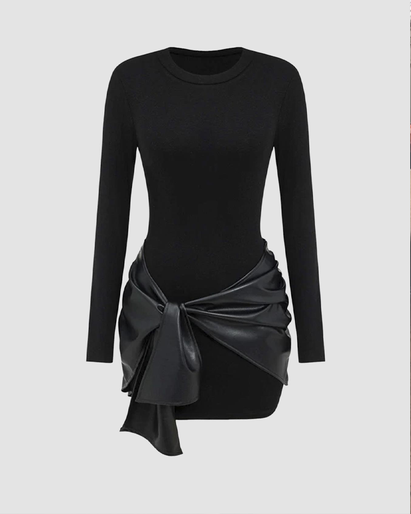 Women's Front-Tie PU Trim Long-Sleeved Mini Dress