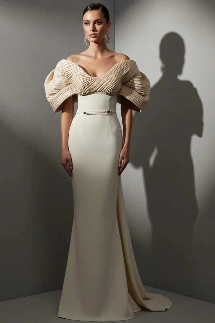 Lussooy Stunning Champagne Satin Off the Shoulder Strapless Prom Dress with Belt