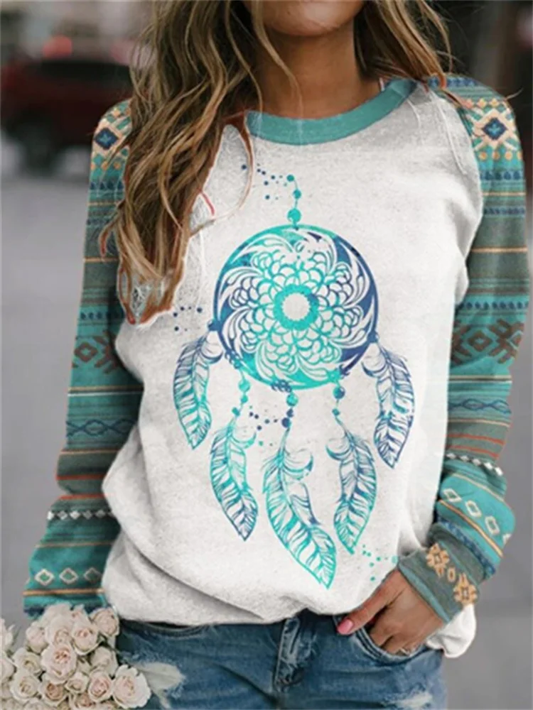 Western Dreamcatcher Print Aztec Patchwork Sweatshirt