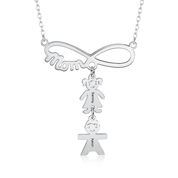 Infinity Necklace with 2 Children Charms Engraved 2 Names