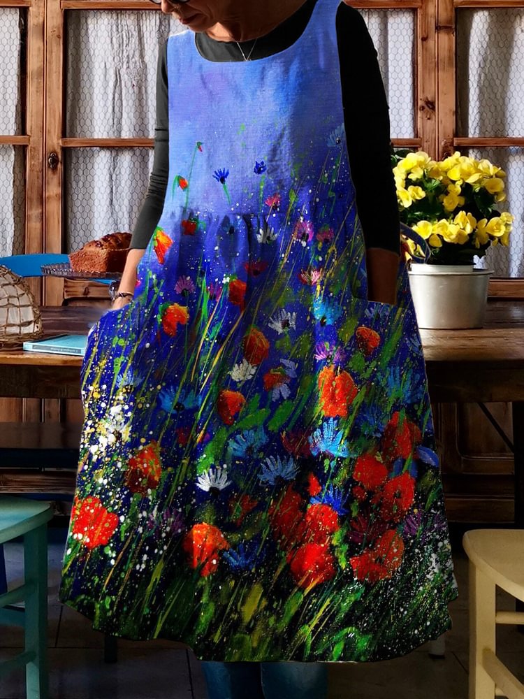 Comstylish Poppy Field Floral Art Pinafore Midi Dress