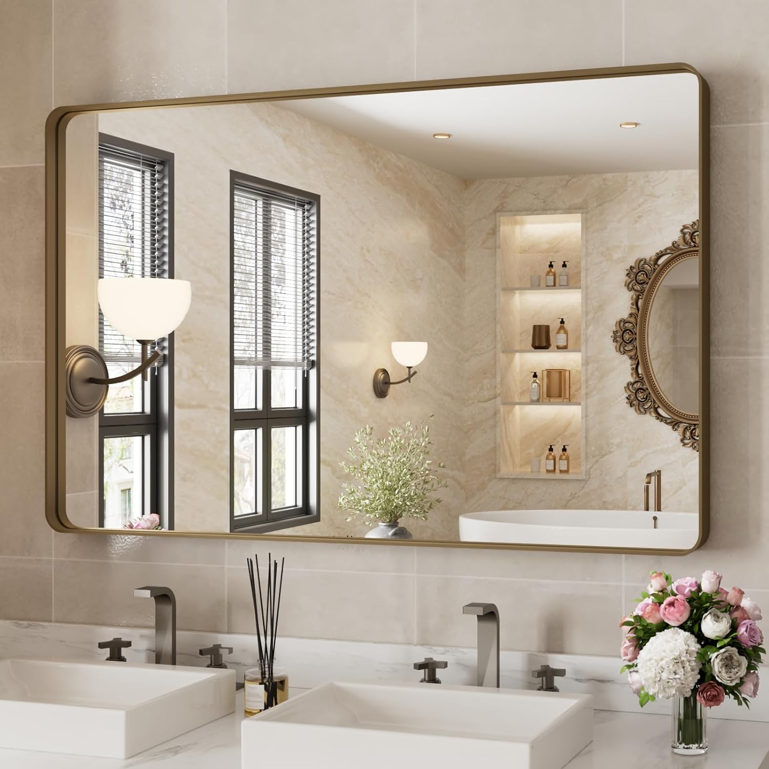 WEER 48x30 Inch Bronze Bathroom Mirror for Vanity Brushed Bronze Metal Frame Mirror for Wall Bronze 48 x30