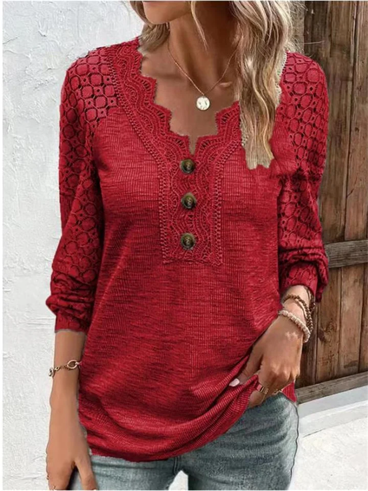 Women's Solid Color Comfortable Casual Lace Plug Sleeve Long Sleeve Splicing V-Neck Pullover Top Ladies T-Shirt