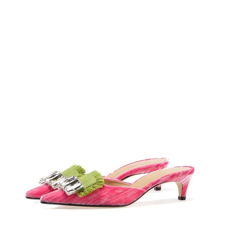 Pink Rhinestone Knit Velvet Kitten Heel Mules |FSJ Shoes