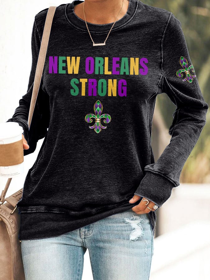 Retro New Orleans Strong Nola Strong Fleur-de-lis Print Sweatshirt