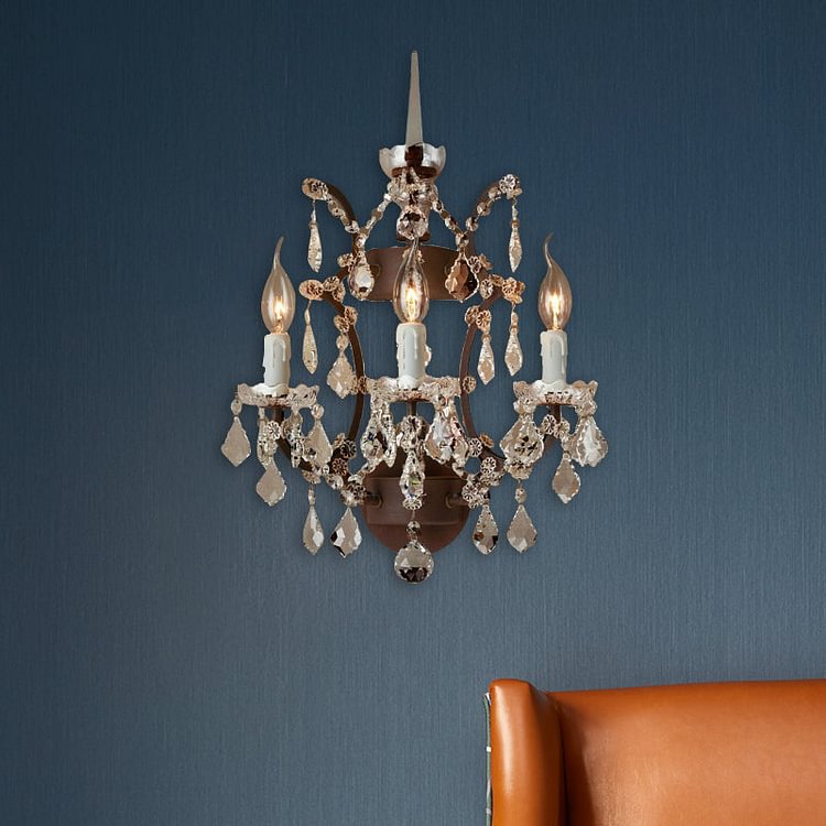 Candle Living Room Sconce Light Rustic Clear Crystal 3 Lights LED Wall Lighting Fixture in Rust