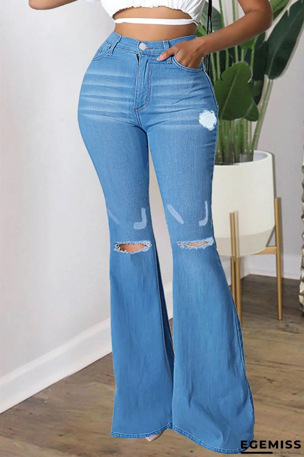 Medium Blue Fashion Casual Solid Ripped High Waist Regular Denim Jeans | EGEMISS