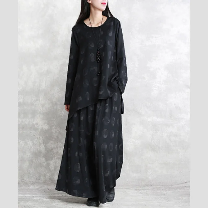 black print blouse plus size pants two pieces Set asymmetric o neck