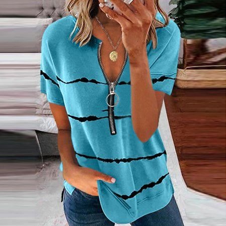 Comstylish Zipper Stripes Printed V Neck Casual T-Shirt