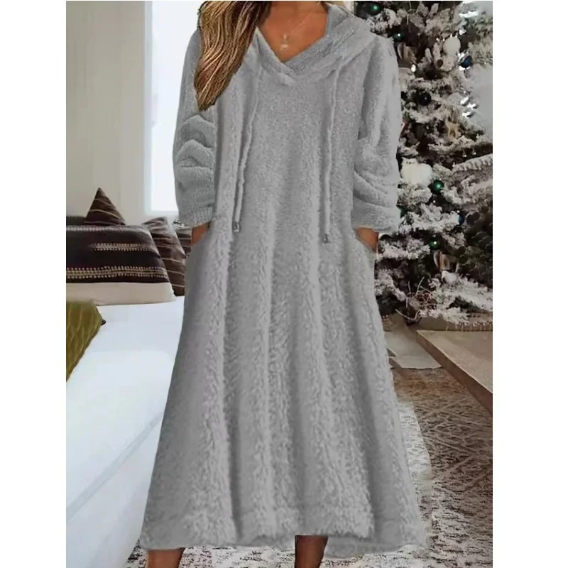 Women's Hooded Solid Color Patchwork Long Sleeved Dress.