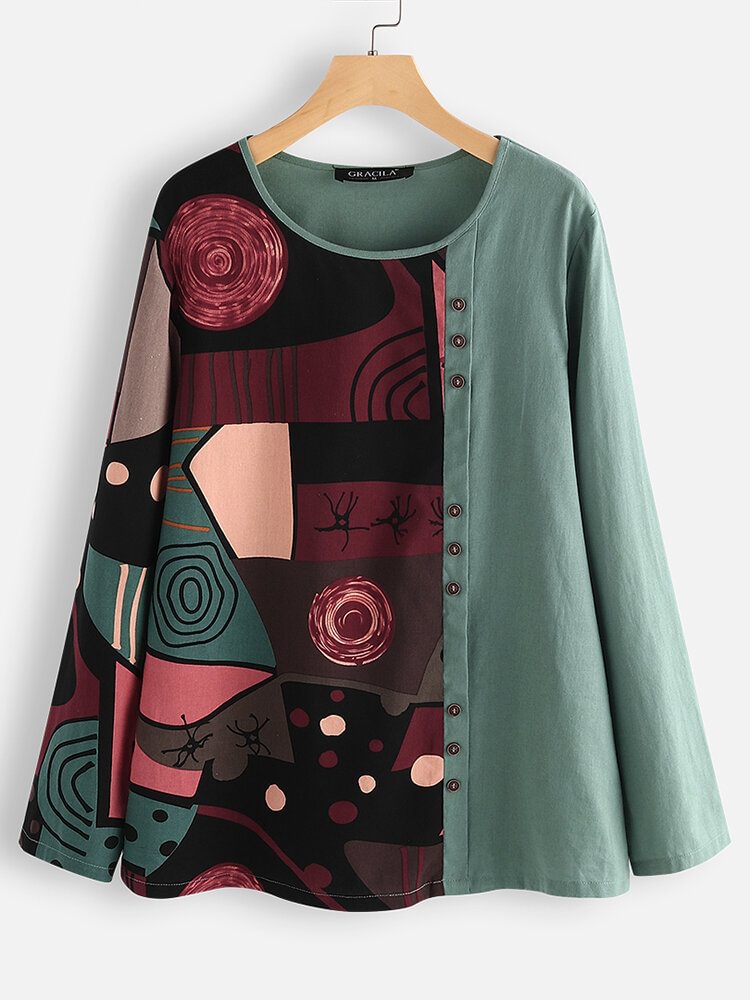 Button Ethnic Print Patchwork Long Sleeve Blouse For Women P1639321