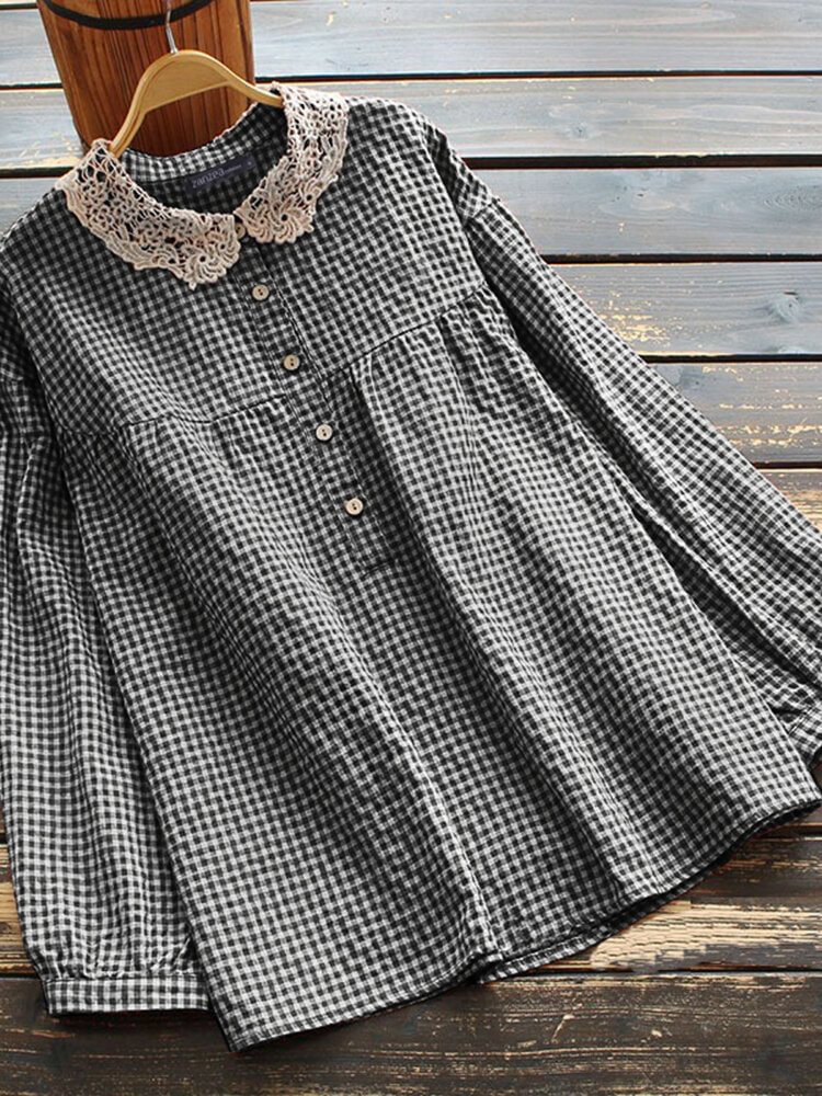Plaid Long Sleeve Lace Patchwork Blouse For Women - Shop Trendy Women's Clothing | LoverChic