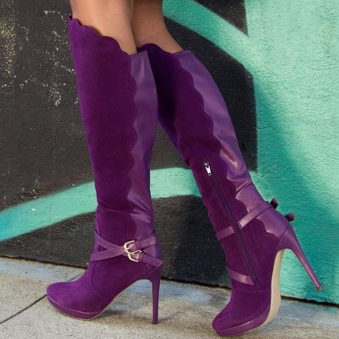 Fashion Purple Stiletto Boots Buckle Cross Wave Edge Knee-high Boots |FSJ Shoes