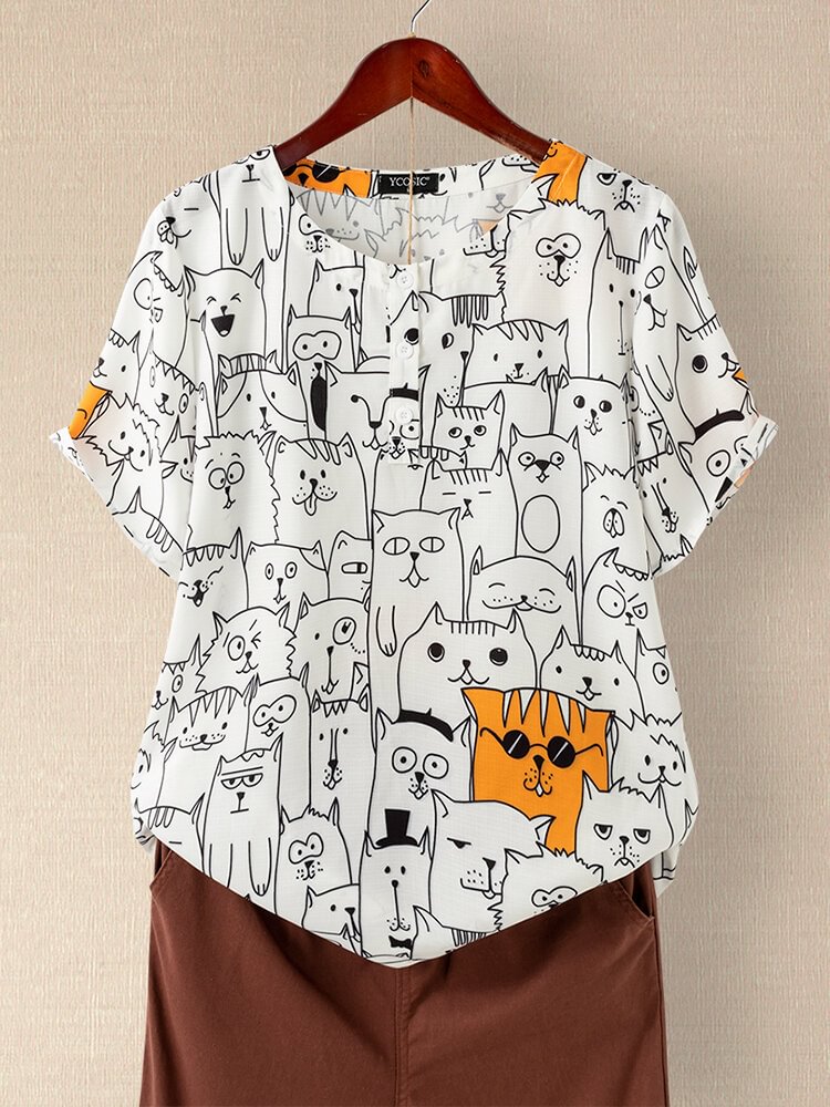 Cartoon Printed O Neck Button Short Sleeve T shirt P1691489