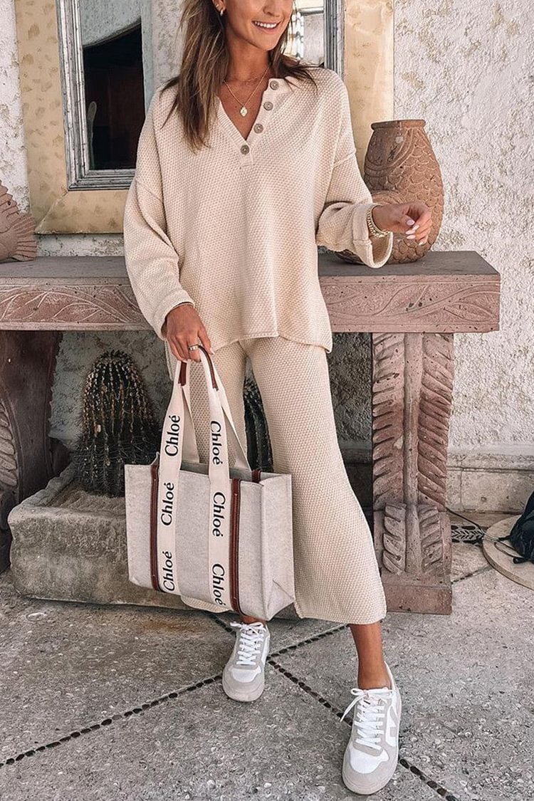 Casual Solid Color V Neck Long Sleeve Two Pieces - Life is Beautiful for You - SheChoic