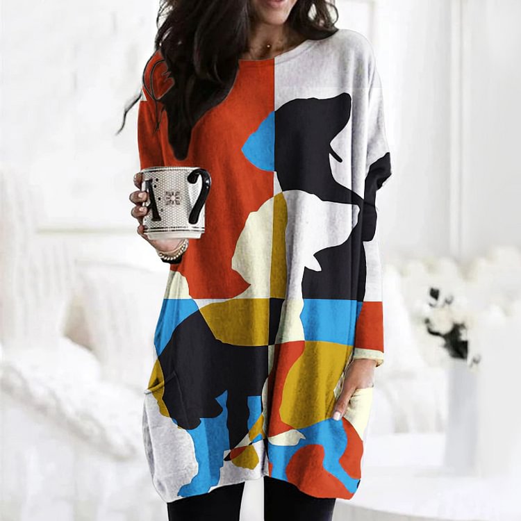 Vefave Abstract Geometric Dog Print Crew Neck Casual Tunic