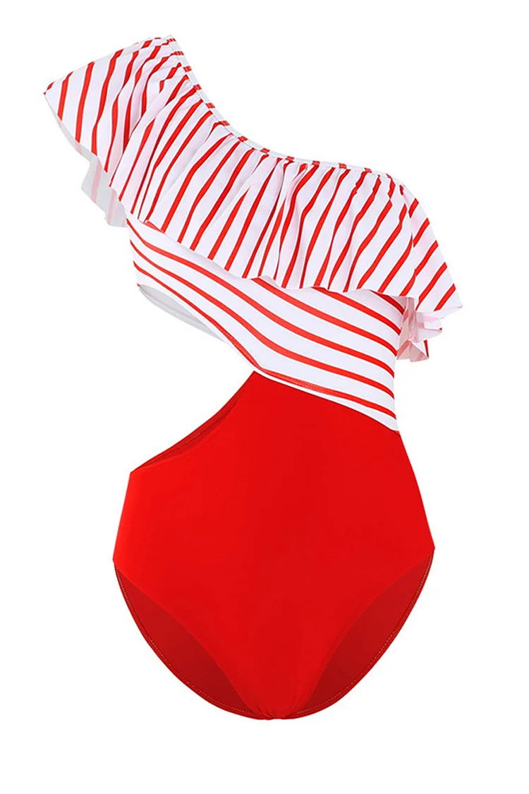 1950s Red Vacation Ruffle Stripes Cut Out One Shoulder One Piece Swimsuit