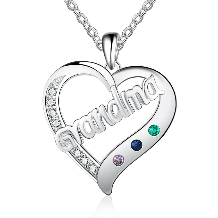Personalized Heart Necklace with 3 Birthstones Family Necklace for Grandma