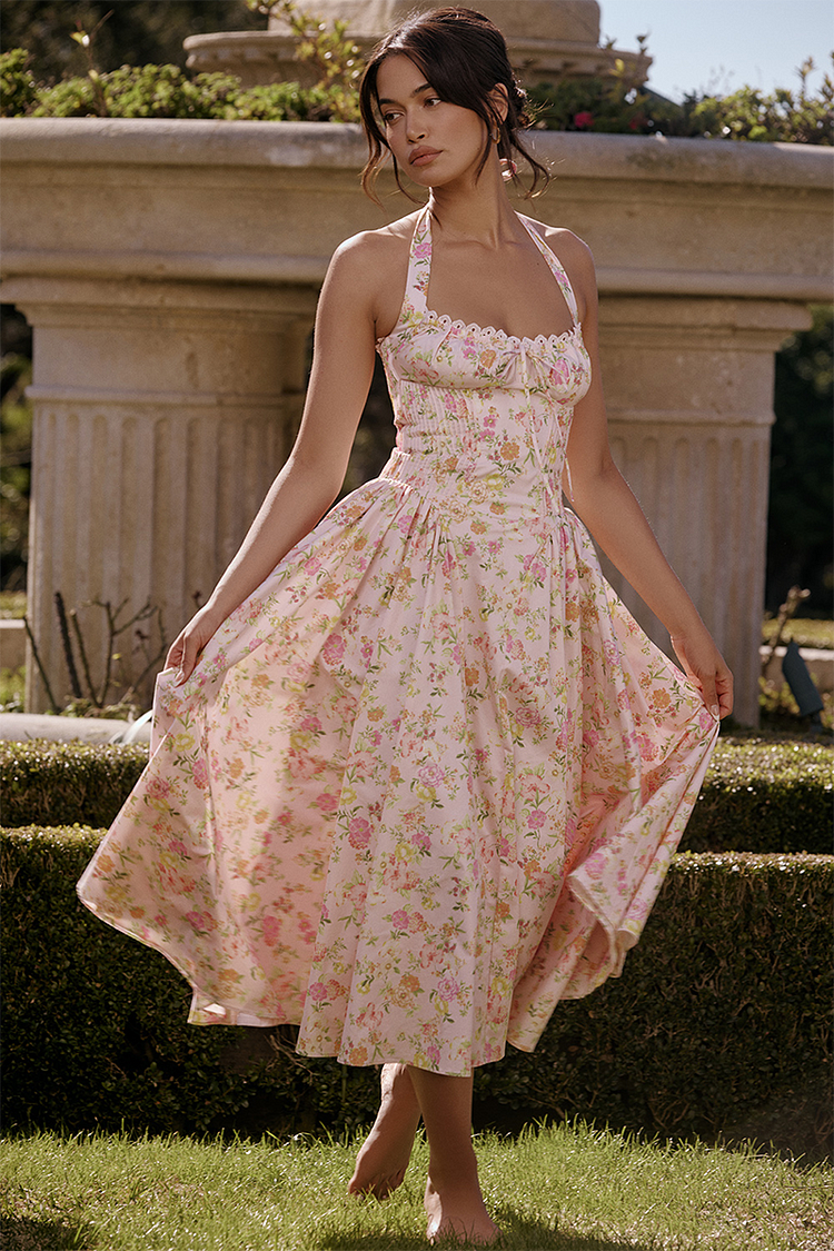 Sleeveless Halter Floral Print Corset A-Line Garden Party Midi Dresses-Pink