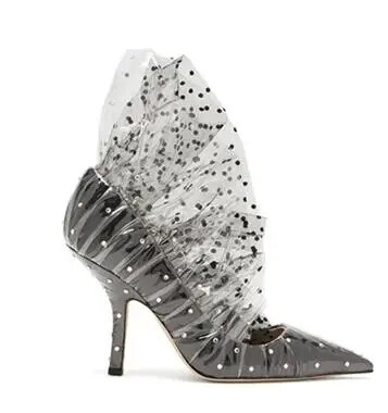 VCSHOES Hot Woman Dot Print PVC Mesh Pointed Toe Thin Heels Party Pumps Ruffles Shoes Lady