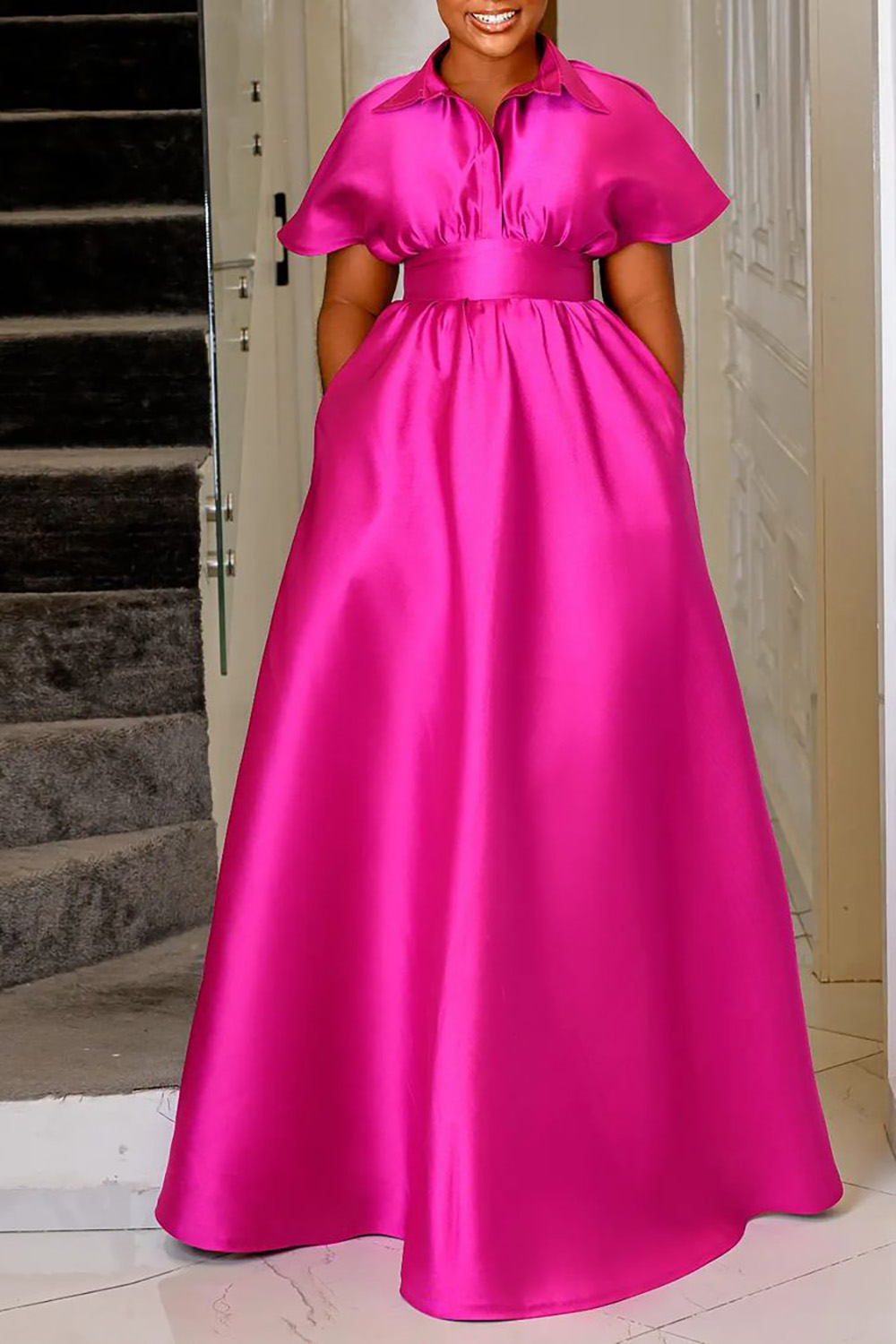 Plus Size Formal Dress Pink Satin Short Sleeve Lapel Maxi Dress With Pocket