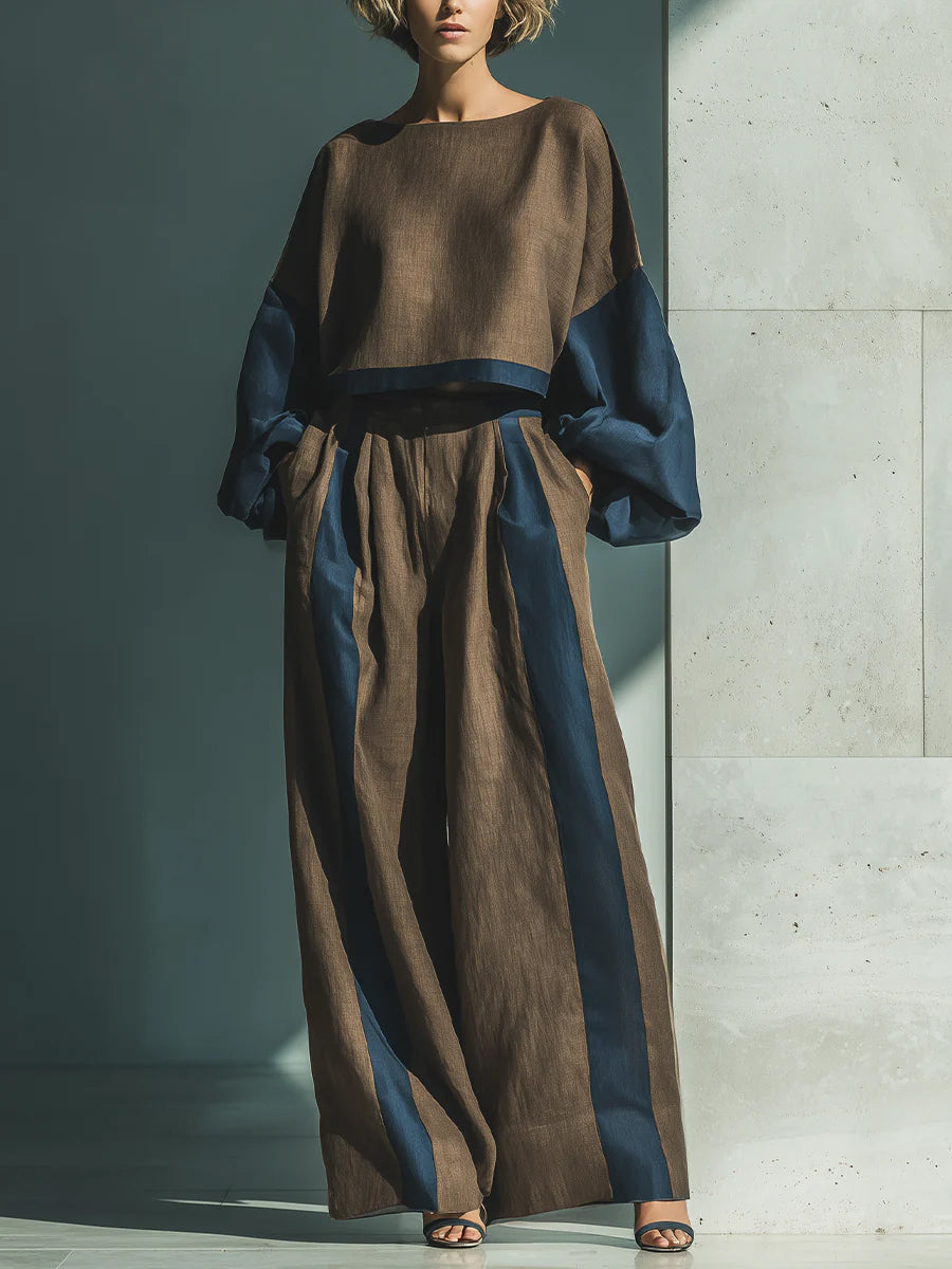 Casual Color-blocked Linen And Cotton Two-piece Set